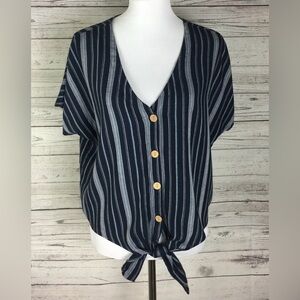 Universal Thread Blue Silver Striped V-Neck Button Down Tie Front Top